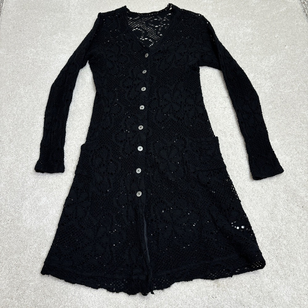 Jill‎ McGowan Cardigan Sweater Women's Small Open Knit Black Floral Quiet Luxury